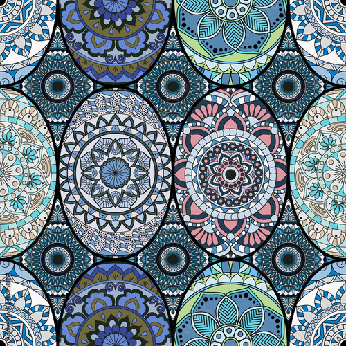 Seamless pattern tile with mandalas. Vintage decorative elements. Hand drawn background. Islam, Arabic, Indian, ottoman motifs. Perfect for printing on fabric or paper.