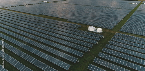An aerial photo of a solar farm on a cloudy day