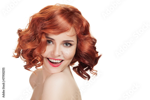 Ginger beautiful woman. Perfect red hair. Isolated on white background.