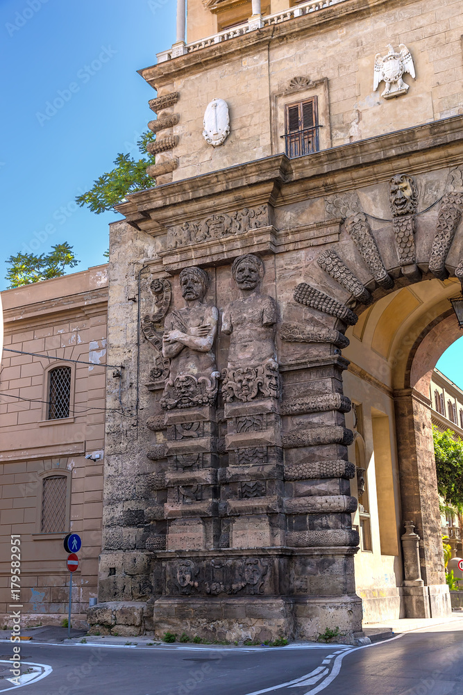 Palermo, Sicily, Italy. Sculptures of the Atlanteans on the New Gate, 1583 (1667)
