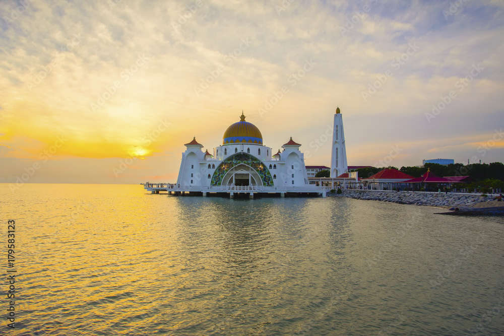 Majestic view of Malacca Straits Mosque during sunset