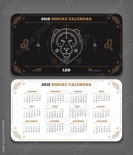 Leo 2018 year zodiac calendar pocket size horizontal layout Double side black and white color design style vector concept illustration photo