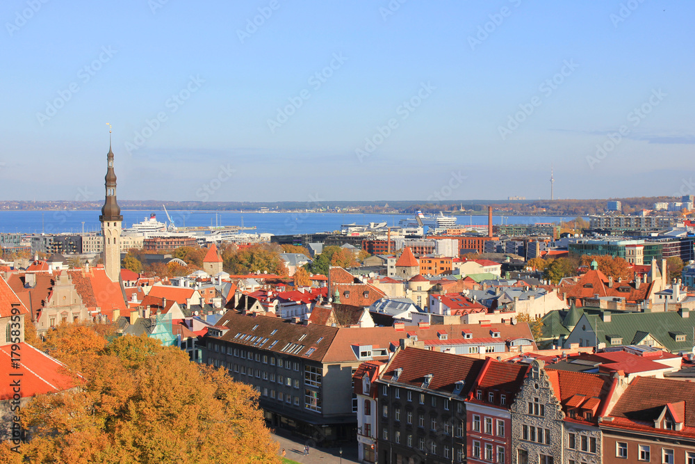 Panoramic View of Tallinn Old Town, Estonia. Vibrant image of estonian capital with scenic historical city architecture during sunny early autumn day. Empty blue sky background and skyline copy space.