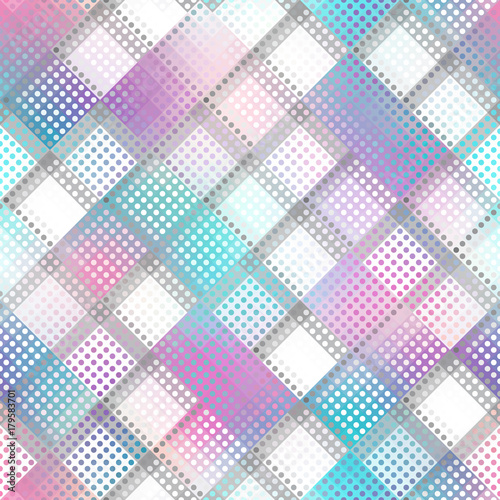 Seamless background. Geometric abstract symmetric pattern in low poly pixel art style. Polka dot pattern on low poly background.