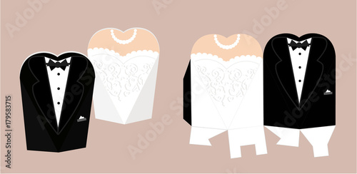 Bride and groom candy die box. Vector diy box template. Tuxedo and bridal dress for wedding. The shape of the pyramid and hearts