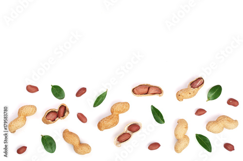 Peanuts with shells isolated on white background with copy space for your text, top view. Flat lay pattern