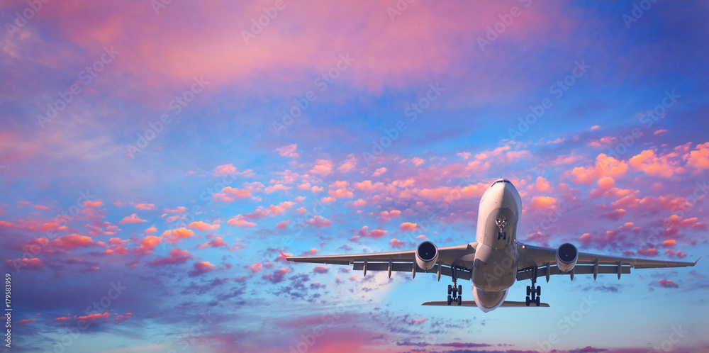 Fototapeta premium Lądujący samolot. Krajobraz z białym pasażerskim samolotem lata w niebieskim niebie z różowymi chmurami przy zmierzchem. Tło podróży. Samolot pasażerski. Podróż służbowa. Samolot komercyjny. Prywatny odrzutowiec