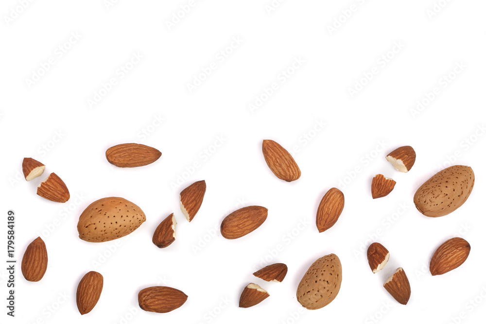 almonds isolated on white background with copy space for your text. Top view. Flat lay pattern almonds isolated on white background with copy space for your text. Top view. Flat lay pattern