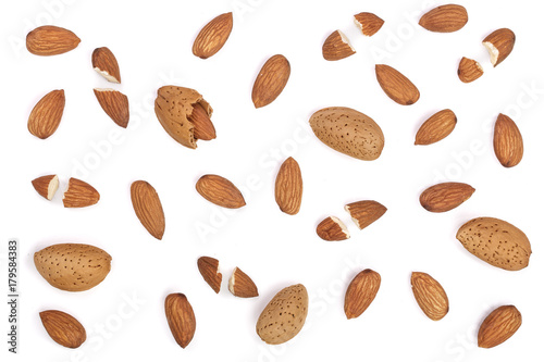 almonds isolated on white background. Flat lay pattern. Top view
