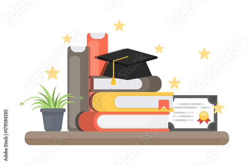 Books and diploma.