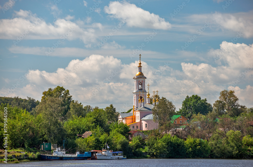 Church in small town on river bank
