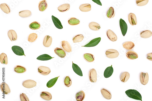 Pistachios with leaves isolated on white background, top view. Flat lay pattern
