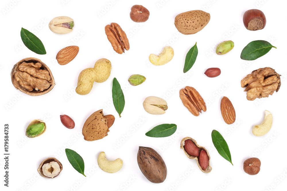 mix of different nuts with leaves isolated on white background, Flat lay pattern, Top view mix of different nuts with leaves isolated on white background, Flat lay pattern, Top view