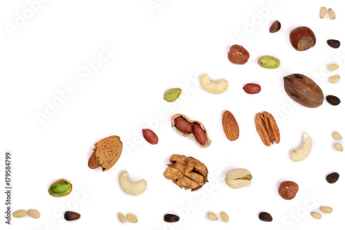 mix of different nuts isolated on white background with copy space for your text. Flat lay pattern. Top view