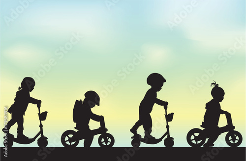 Child on scooter and bike