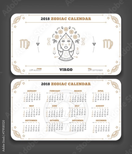 Virgo 2018 year zodiac calendar pocket size horizontal layout Double side white color design style vector concept illustration photo