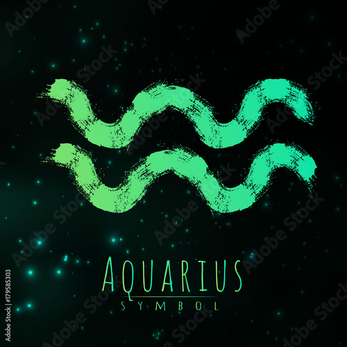 Vector abstract zodiac sign Aquarius on a dark cosmic background of the space with shining stars. Nebula in form of zodiac sign Aquarius . Abstract brush stroke sign. Bright modern symbol. Logo