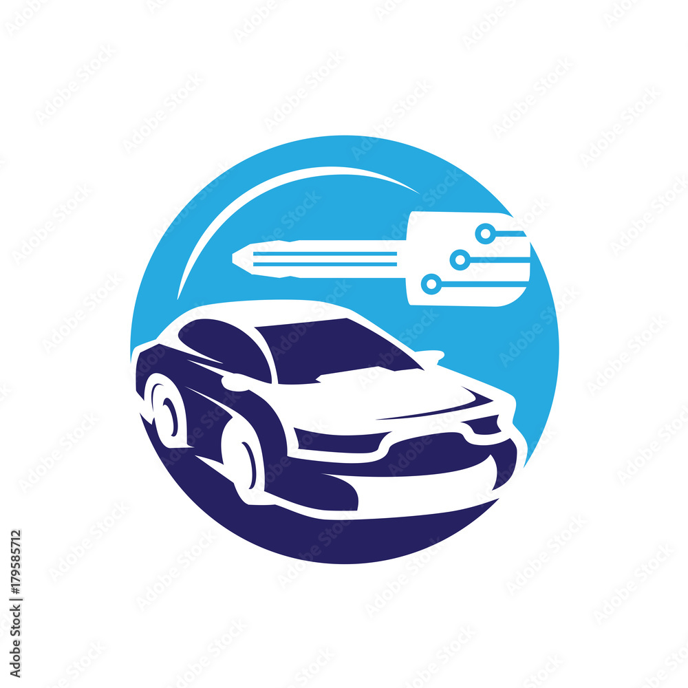 Obraz premium vehicle locksmith illustration, bold car with a car key, car with a key symbol, key with circuit lines, mobile locksmith symbol, symbol design, isolated on white background.