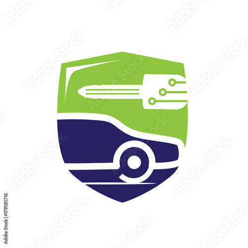 vehicle locksmith with a shield, bold car with a car key and shield, car with a key illustration, key with circuit lines, mobile locksmith illustration, symbol design, isolated on white background