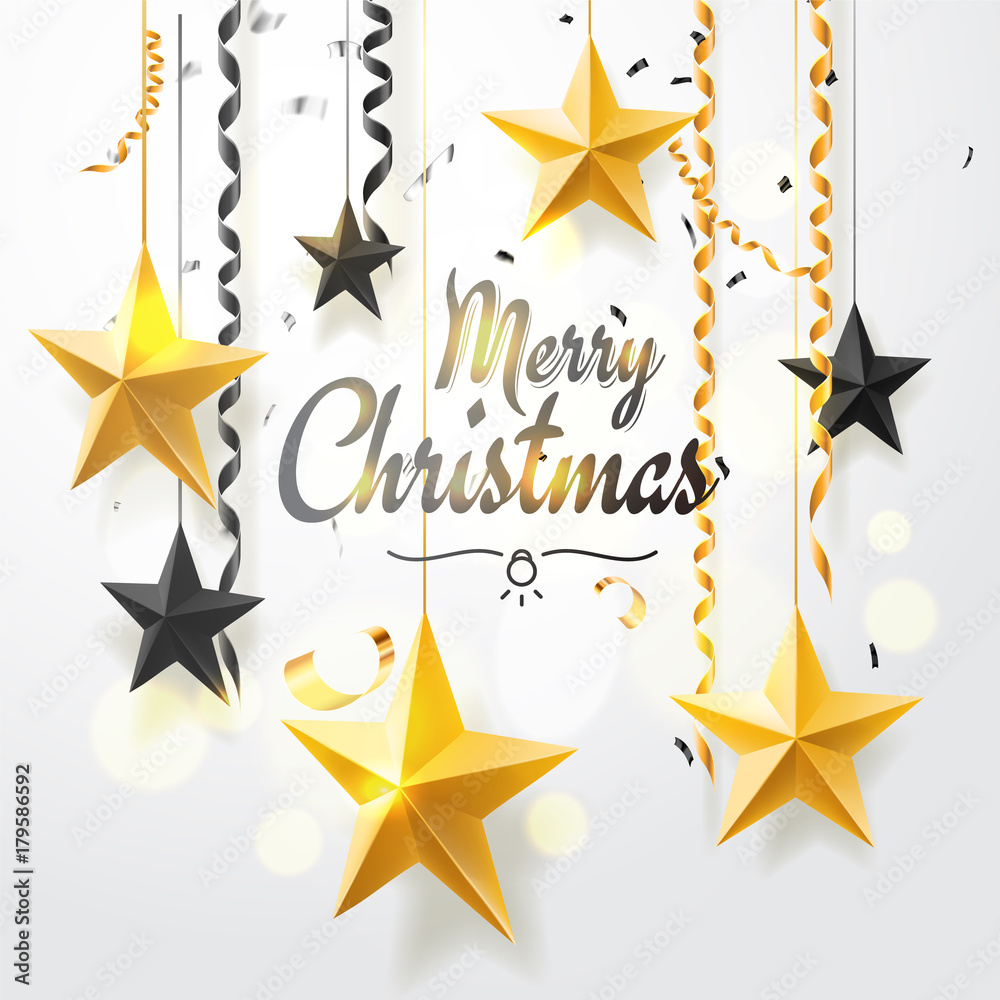 Merry Christmas and 2018 New Year background for holiday greeting card, invitation, party flyer, poster, banner. Gold, black, star, serpentine, realistic confetti on white background. Merry Christmas and 2018 New Year background for holiday greeting card, invitation, party flyer, poster, banner. Gold, black, star, serpentine, realistic confetti on white background.