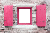 Open Window Pink Retro Shutters and Empty Space in the Middle. Vintage Style Image with Wooden Frame, Detail of House Outdoor Exterior on Stone Wall Background. Rustic city architecture scene.