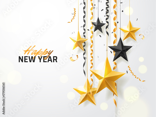 Merry Christmas and 2018 New Year background for holiday greeting card, invitation, party flyer, poster, banner. Gold, black, star, serpentine, realistic confetti on white background.
