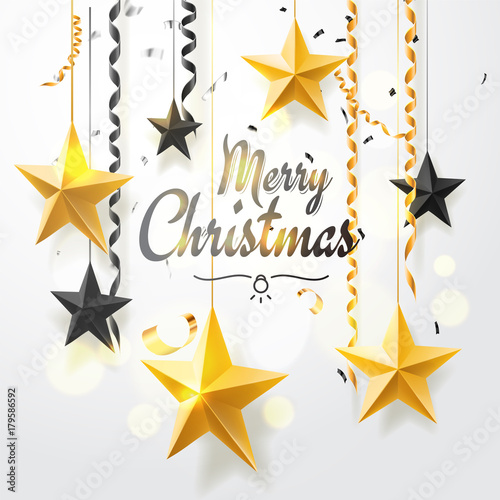 Merry Christmas and 2018 New Year background for holiday greeting card, invitation, party flyer, poster, banner. Gold, black, star, serpentine, realistic confetti on white background.