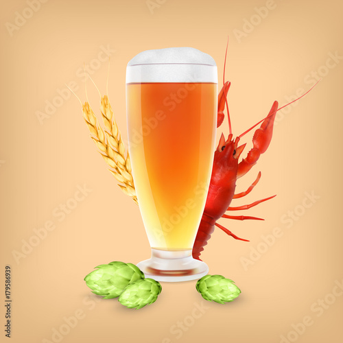Beer glass with hop plant and wheat