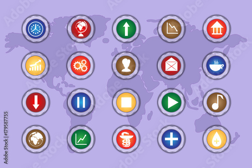 A set of icons on colored buttons with transparent elements. Part 2