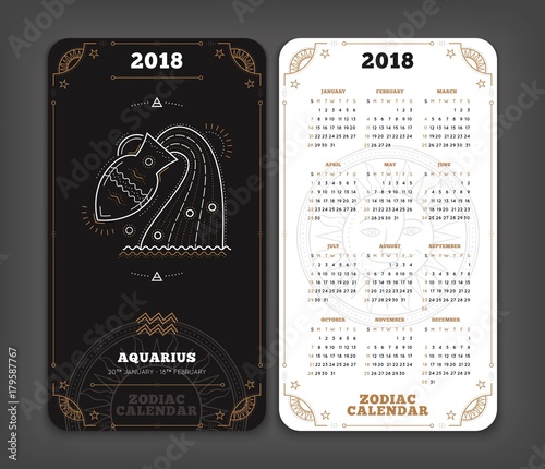 Aquarius 2018 year zodiac calendar pocket size vertical layout Double side black and white color design style vector concept illustration photo