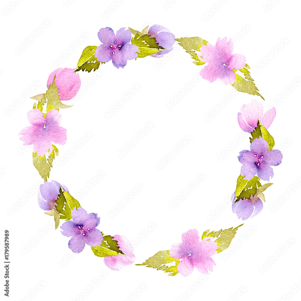 Circle frame, wreath of pink and purple small wildflowers, hand painted in watercolor on a white background, for greeting card, wedding design, decoration postcard or invitation Circle frame, wreath of pink and purple small wildflowers, hand painted in watercolor on a white background, for greeting card, wedding design, decoration postcard or invitation