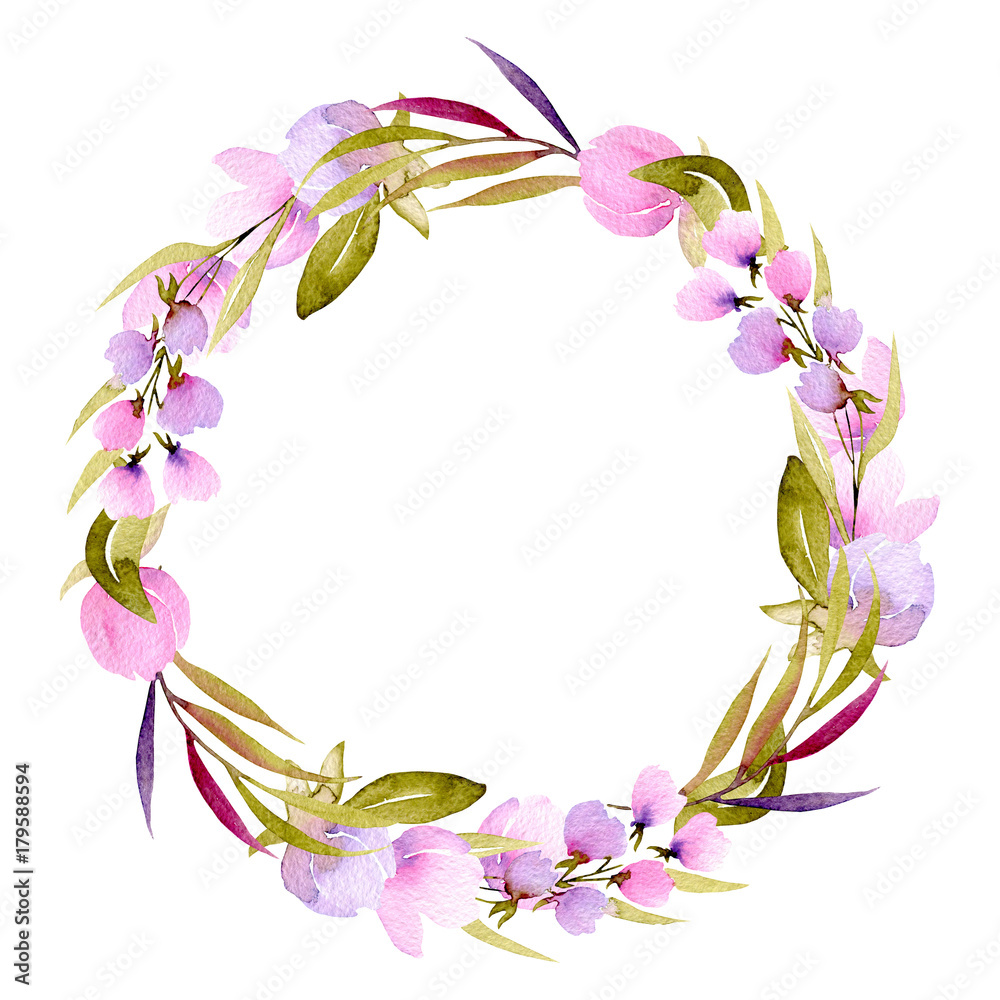 Circle frame, wreath of pink flower branches and green leaves, hand painted in watercolor on a white background, for greeting card, wedding design, decoration postcard or invitation Circle frame, wreath of pink flower branches and green leaves, hand painted in watercolor on a white background, for greeting card, wedding design, decoration postcard or invitation