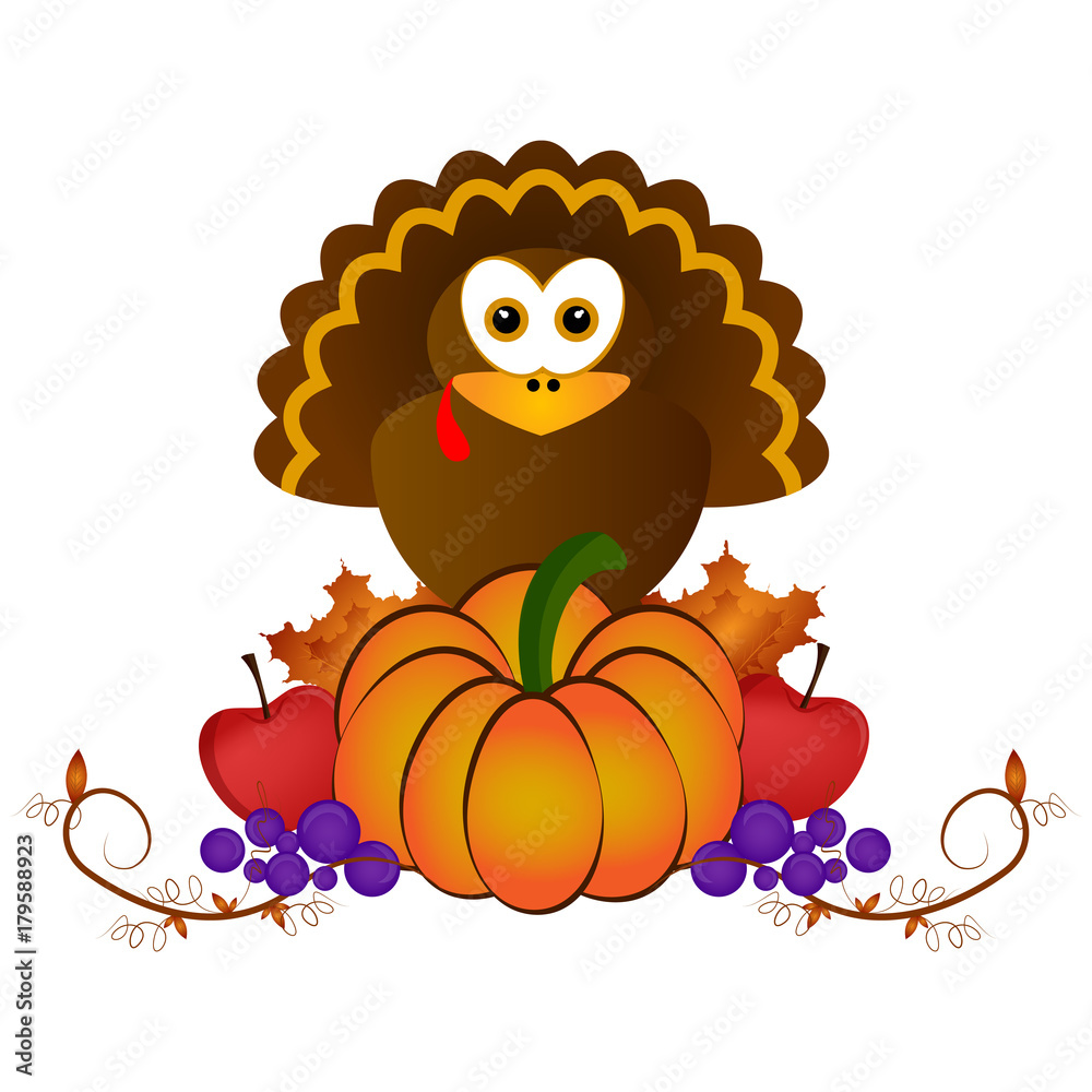 Obraz premium Turkey with a pumpkin and apples, Thanksgiving day, Vector illustration