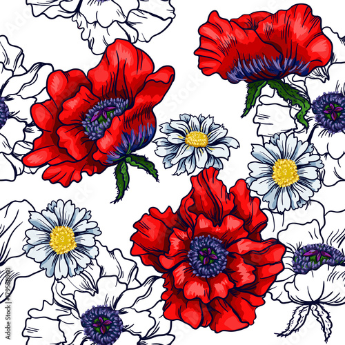 vector-seamless-horizontal-border-with-red-poppy-and-chamomile-graphic-illustration-for-print