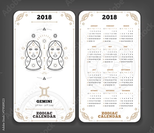 Gemini 2018 year zodiac calendar pocket size vertical layout Double side white color design style vector concept illustration photo