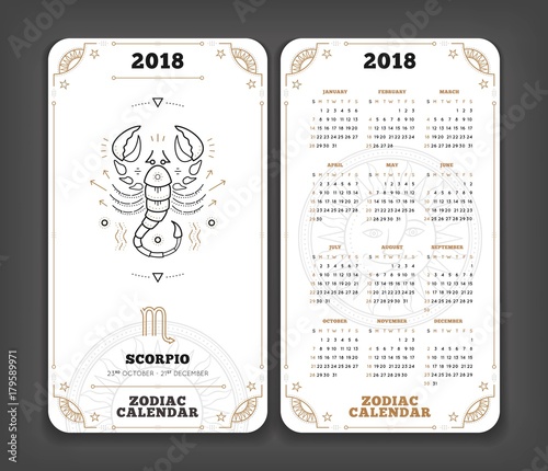 Scorpio 2018 year zodiac calendar pocket size vertical layout Double side white color design style vector concept illustration photo