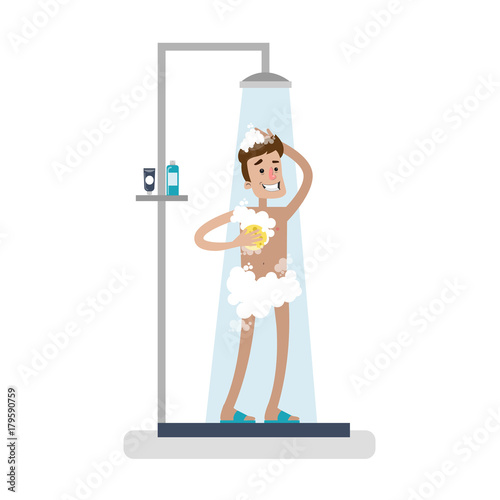 Man washing in shower.