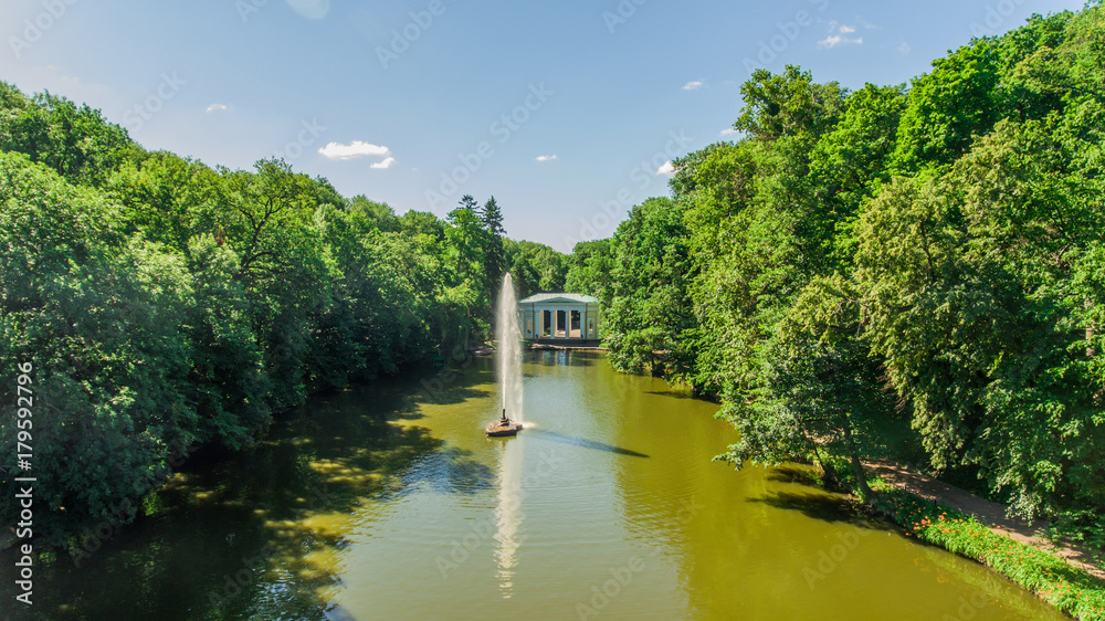 Aerial view of the national dendrological park Sofiyivka. View of the Snake Fountain and Flora Pavilion