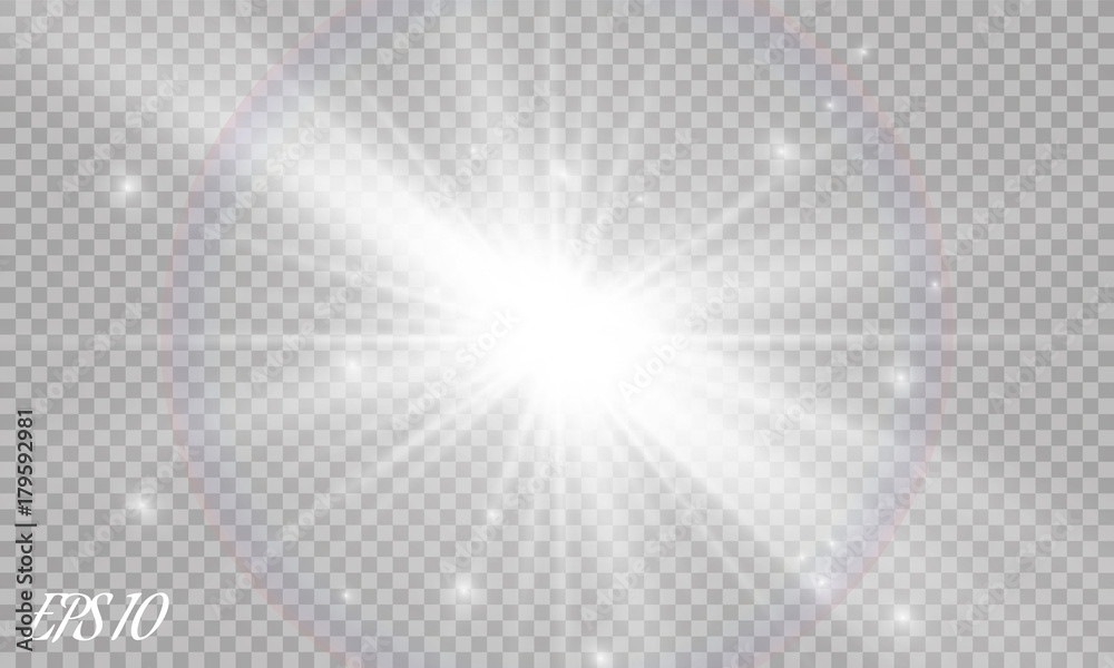 Lens flare light effect. Sun rays with beams isolated on transparent background. Vector illustration. - obrazy, fototapety, plakaty 