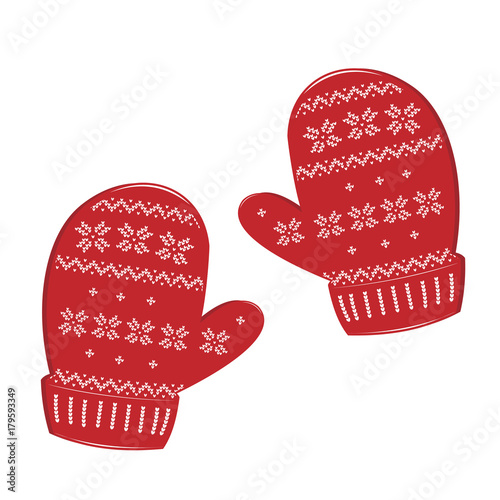 Pair of knitted christmas mittens on white background. Vector