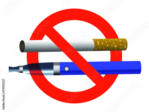 no smoking no vaping sign ban cigarette and electronic cigarette not allowed blue e-cigarette and cigarette in red circle realistic vector illustration