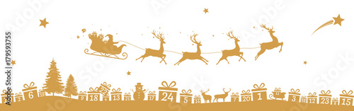Advent calendar banner, gold Santa sleigh and gift landscape