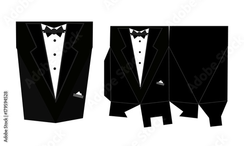 Tuxedo - printable  square packaging with lid. Groom - wedding favor box. Fast and easy folded. Blueprint paper template.  Candy box of pyramid shape in vector.