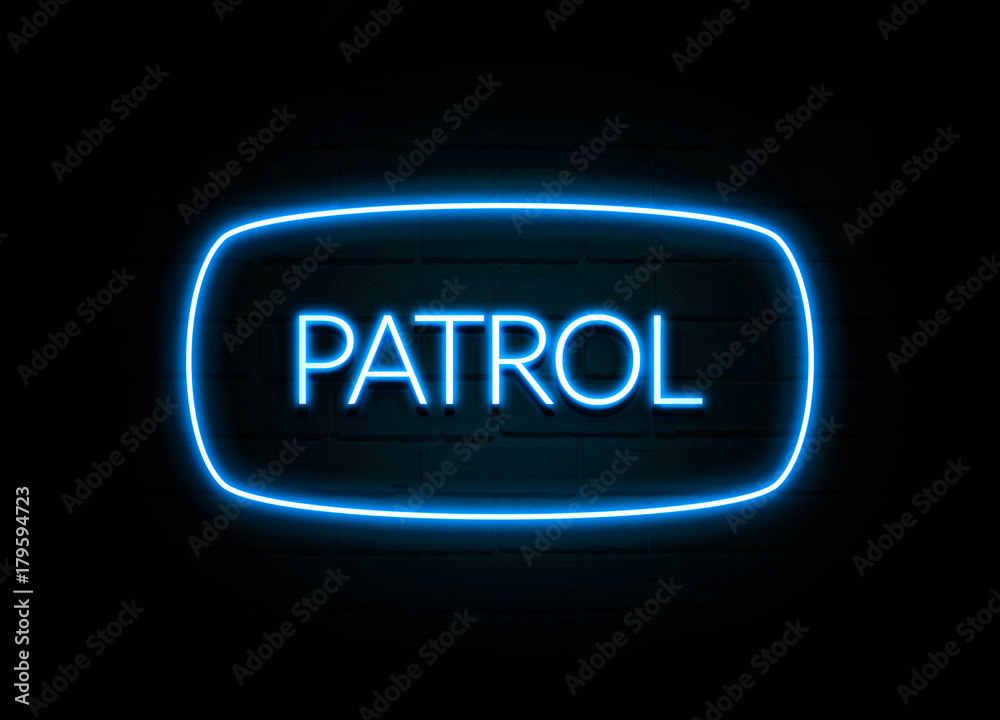 Patrol  - colorful Neon Sign on brickwall