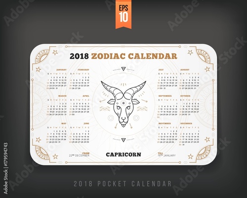 Capricorn 2018 year zodiac calendar pocket size horizontal layout White color design style vector concept illustration photo