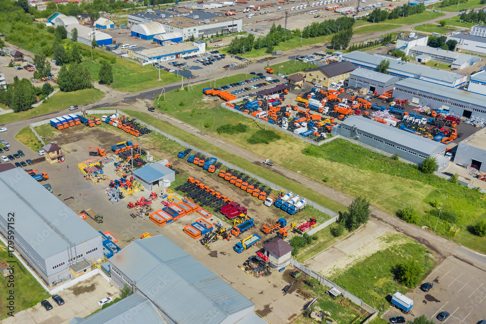 Top view of the industrial buildings and truck parking
