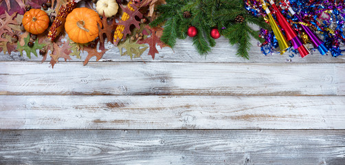 Yearend seasonal holidays on rustic white wood