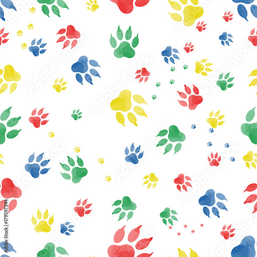 Seamless pattern of dog paw marks. Colored traces of paws made in watercolor, on a white background. Vektor