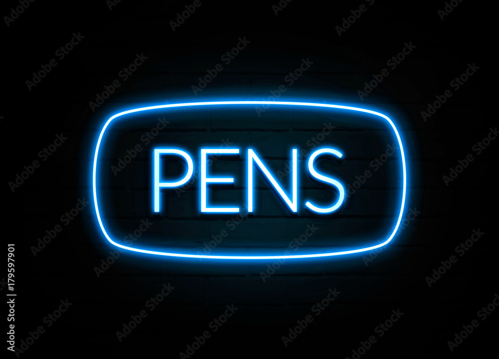 Pens - colorful Neon Sign on brickwall Pens - colorful Neon Sign on brickwall