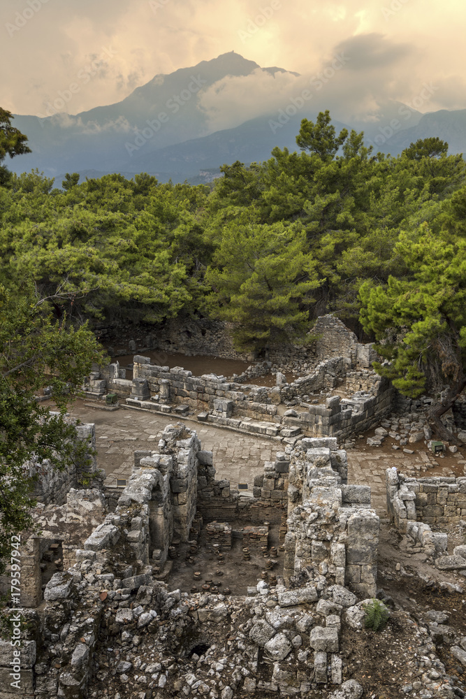 Stone ruins of houses and the street of the ancient city of Phaselis.